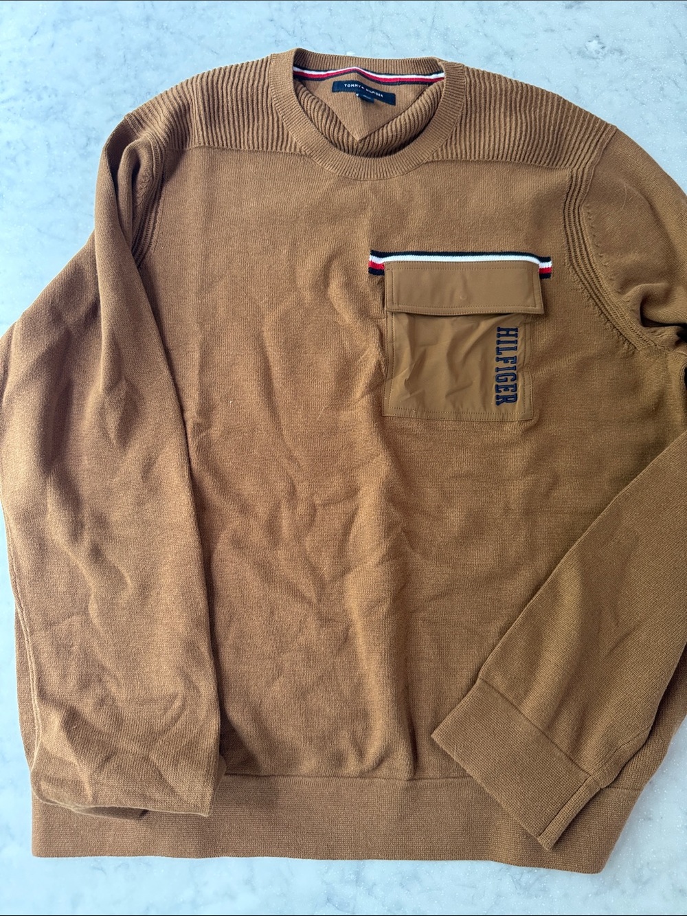 Tommy Hilfiger Men's Camel Brown Crewneck Sweater with Chest Pocket Trim